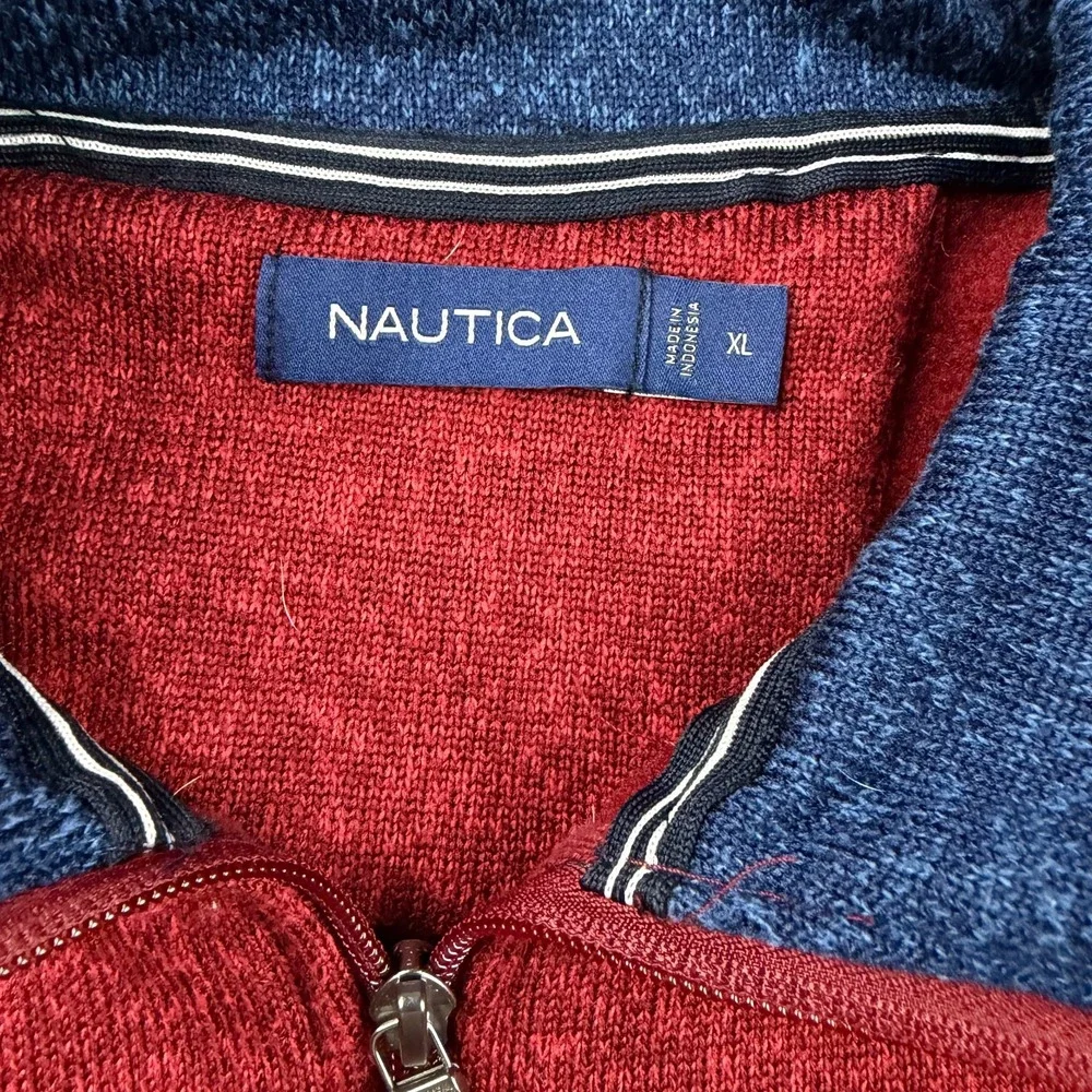Nautica Sweatshirt 1/4 Zip Pullover Mens XL Red Logo Knit Long Sleeve‎ Mock Neck